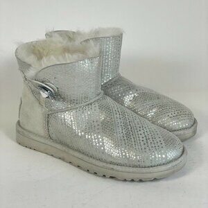 UGG Womens Bailey Button Bling Sheepskin Boots Silver Sz 5 Fur Trim Suede Mid